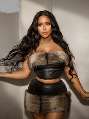 Joskaa Furry Patchwork Warm Suit for Women Sexy Faux Leather Tube Tops and Mini Skirts Matching 2 Piece Sets Party Club Outfits