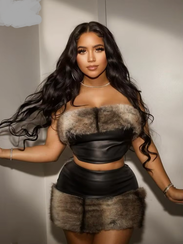 Joskaa Furry Patchwork Warm Suit for Women Sexy Faux Leather Tube Tops and Mini Skirts Matching 2 Piece Sets Party Club Outfits