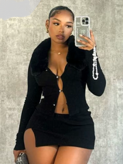 Joskaa Women 2 Piece Set Sexy Fur Collar Full Sleeve Single Breasted Tops and Split Mini Skirt Matched Winter Party Club Outfits