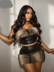 Joskaa Furry Patchwork Warm Suit for Women Sexy Faux Leather Tube Tops and Mini Skirts Matching 2 Piece Sets Party Club Outfits