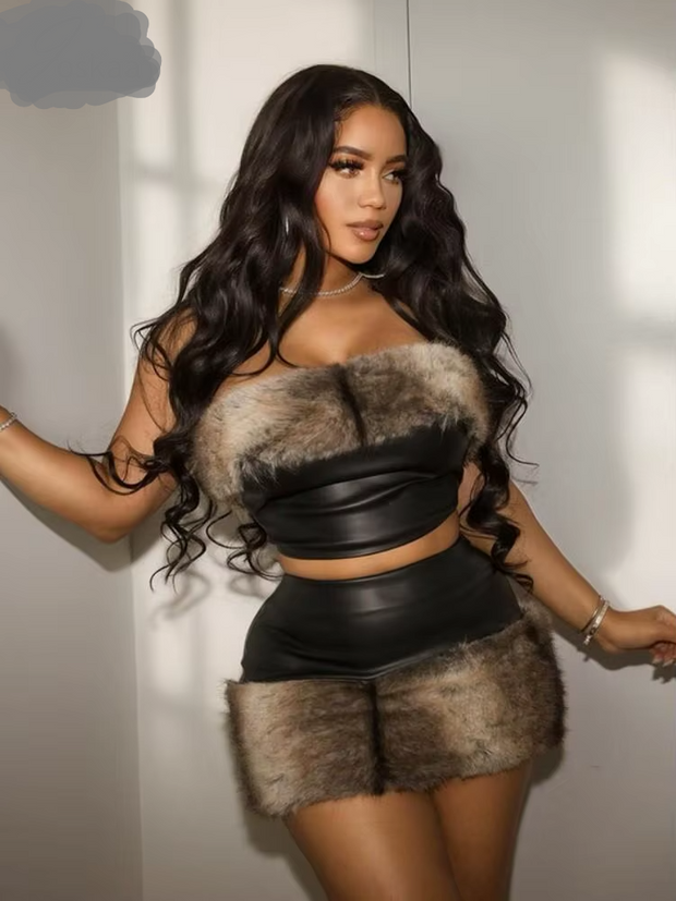 Joskaa Furry Patchwork Warm Suit for Women Sexy Faux Leather Tube Tops and Mini Skirts Matching 2 Piece Sets Party Club Outfits