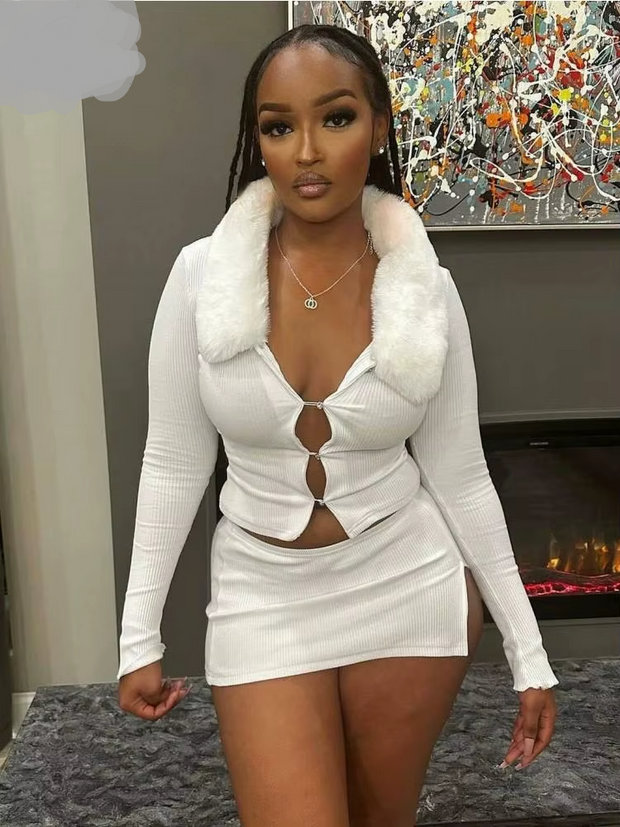 Joskaa Women 2 Piece Set Sexy Fur Collar Full Sleeve Single Breasted Tops and Split Mini Skirt Matched Winter Party Club Outfits