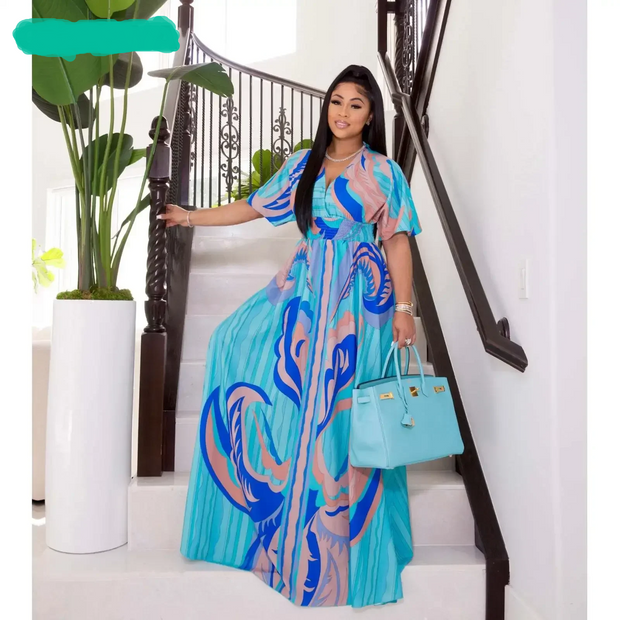 CM.YAYA Elegant Women Paisley Half Sleeve V-neck High Waist Tunic Big Swing Maxi Dress 2022 Summer Chic Sexy Party Long Dresses