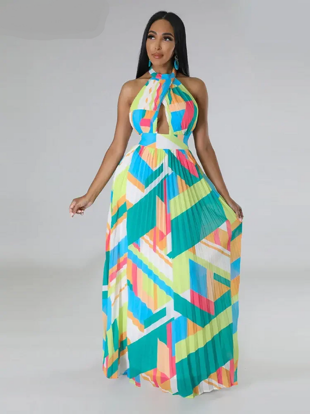 CM.YAYA Women Geometrical Striped Halter Neck Backless Pleated Big Swing Maxi Long Dress 2023 INS Beach Holidaye Party Dresses