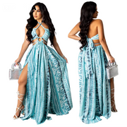 CM.YAYA Women Long Dress Print Sleeveless Halter Bandage Hollow Out Splited Maxi Dresses Sexy Night Party Vestidos Summer Outfit