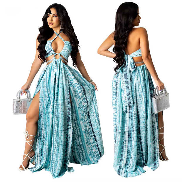 CM.YAYA Women Long Dress Print Sleeveless Halter Bandage Hollow Out Splited Maxi Dresses Sexy Night Party Vestidos Summer Outfit