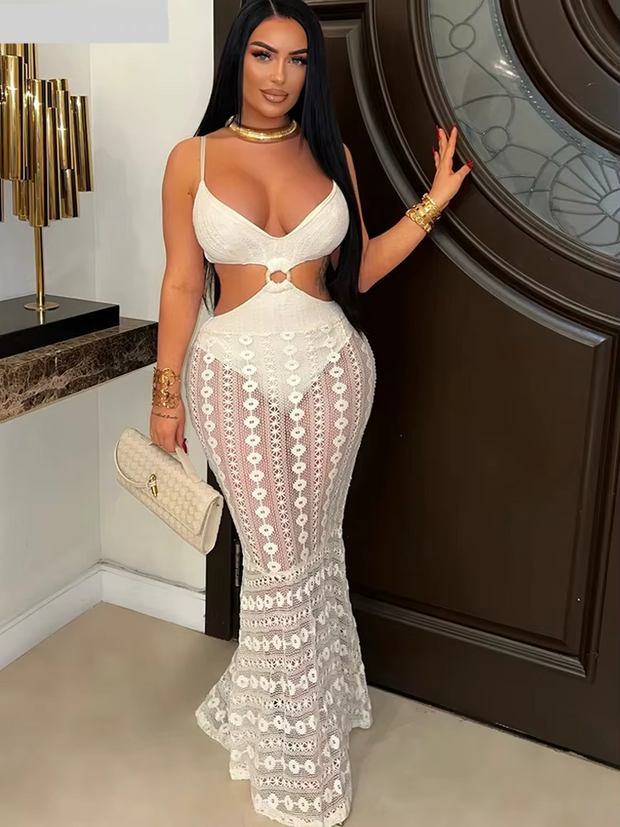 Beyprern Elegant Women's Hollow Out White Crochet Long Maxi Dresses Summer Spaghetti StrapO-Rings Party Dresses Vacation Outfits