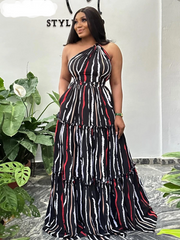 CM.YAYA 2024 Summer Women’s Sleeveless Striped Print Backless One-Shoulder Dress Night Club Party Evening Long Maxi Dresses