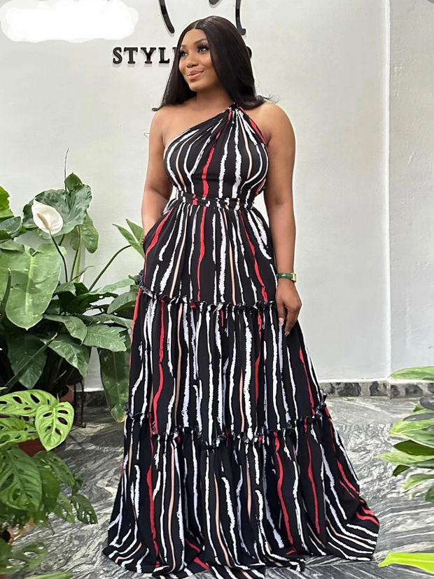CM.YAYA 2024 Summer Women’s Sleeveless Striped Print Backless One-Shoulder Dress Night Club Party Evening Long Maxi Dresses