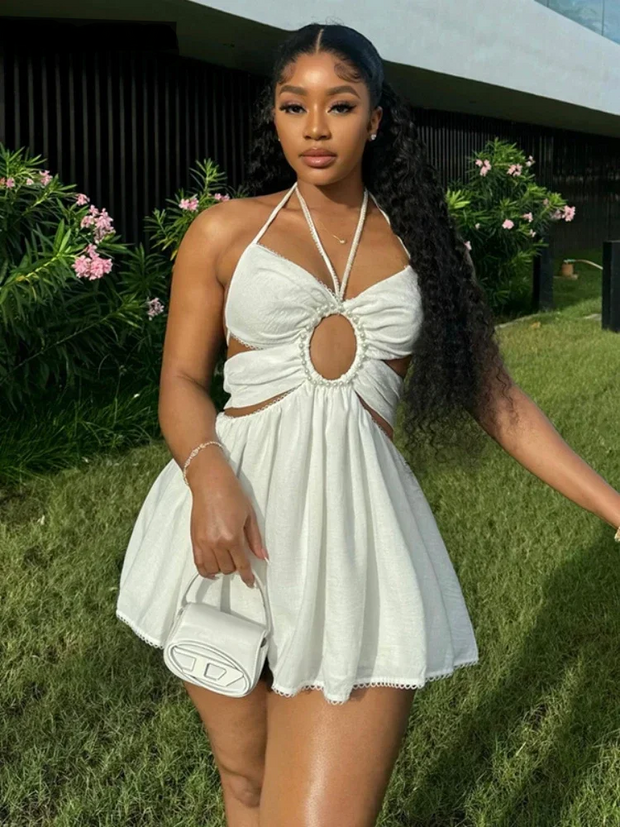 CM.YAYA 2024 Women Halter Strap Sleeveless Mini A-Line Dress Sexy Beading Backless Streetwear Evening Night Club Party Dresses