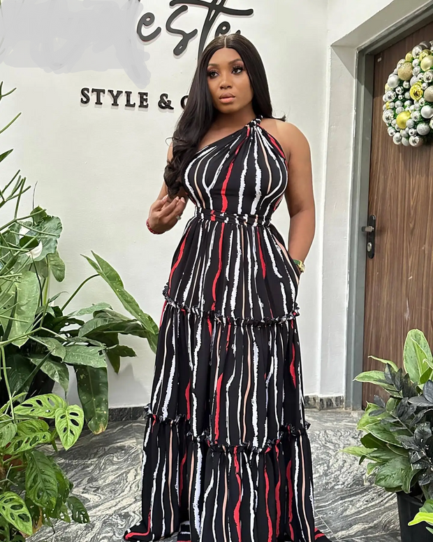 CM.YAYA 2024 Summer Women’s Sleeveless Striped Print Backless One-Shoulder Dress Night Club Party Evening Long Maxi Dresses
