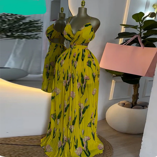 CM.YAYA Elegant Floral Print Sleeveless Sweet Strapless Floor-Length Long Women Dress Beach Party Birthday Sexy Pleated Dresses