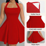 Mia Muse All Seasons Women's Dresses Fashion Halter Square Neck Pleated A-Line Mini Elegant Dress New Year Valentine's Day Gift
