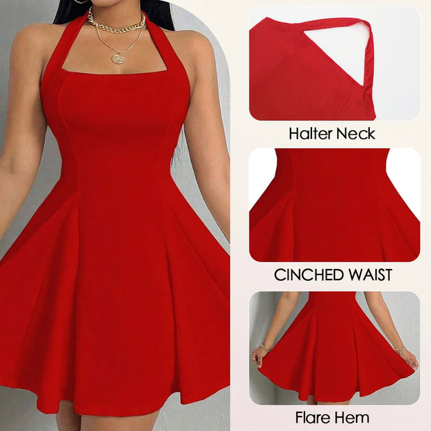 Mia Muse All Seasons Women's Dresses Fashion Halter Square Neck Pleated A-Line Mini Elegant Dress New Year Valentine's Day Gift