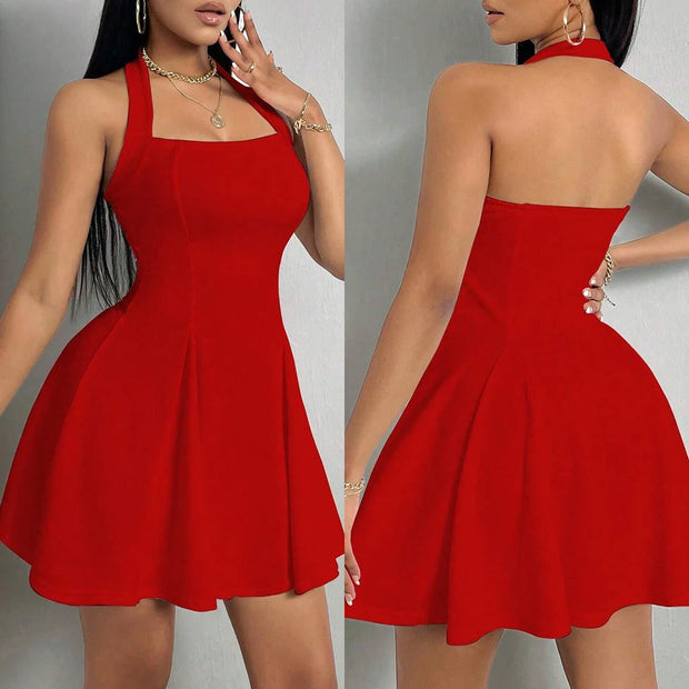 Mia Muse All Seasons Women's Dresses Fashion Halter Square Neck Pleated A-Line Mini Elegant Dress New Year Valentine's Day Gift