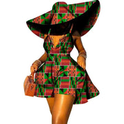 Women Summer Dress African Print Jumpsuit Sexy Sleeveless V-neck Short Pant with Hat Fashion African Clothes Lady Attire WY8844