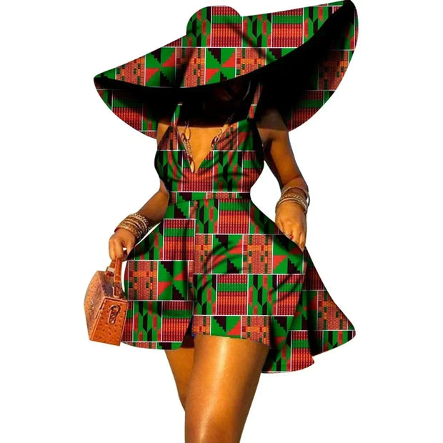 Women Summer Dress African Print Jumpsuit Sexy Sleeveless V-neck Short Pant with Hat Fashion African Clothes Lady Attire WY8844