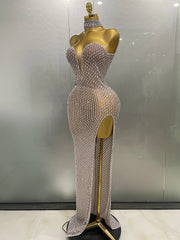 2025 Luxurious Full Rhinestones Mesh Transparent long dress Women Birthday Celebrate Evening Prom Dress party Club Stage Costume