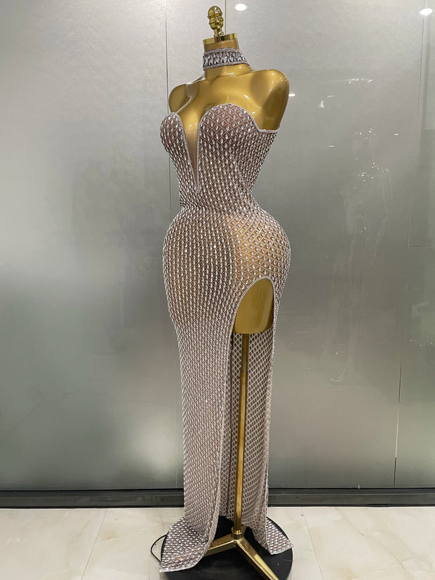 2025 Luxurious Full Rhinestones Mesh Transparent long dress Women Birthday Celebrate Evening Prom Dress party Club Stage Costume