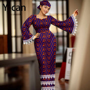 African Dress for Women Elegant Flare Sleeve Lace Dress Slim Fit Party Evening Gown Vestidos with Headwrap African Dress 2425158