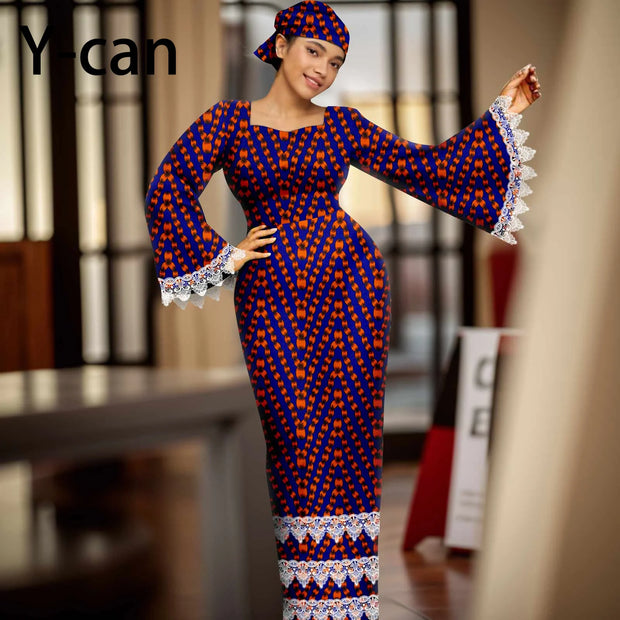 African Dress for Women Elegant Flare Sleeve Lace Dress Slim Fit Party Evening Gown Vestidos with Headwrap African Dress 2425158