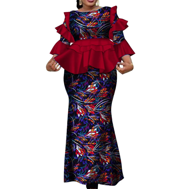 African Two Piece Outfits Set for Women Fashion Dashiki Ruffle Dashiki African Clothes Bazin Plus Size Clothing for Party WY4142