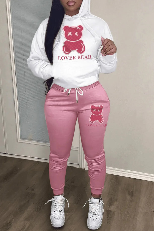 2024 Women's Letter Print 2 Piece Outfits Teddy Bear Letter Print Kangaroo Pocket Tracksuit Set Long Sleeve Sweatshirt and Pants