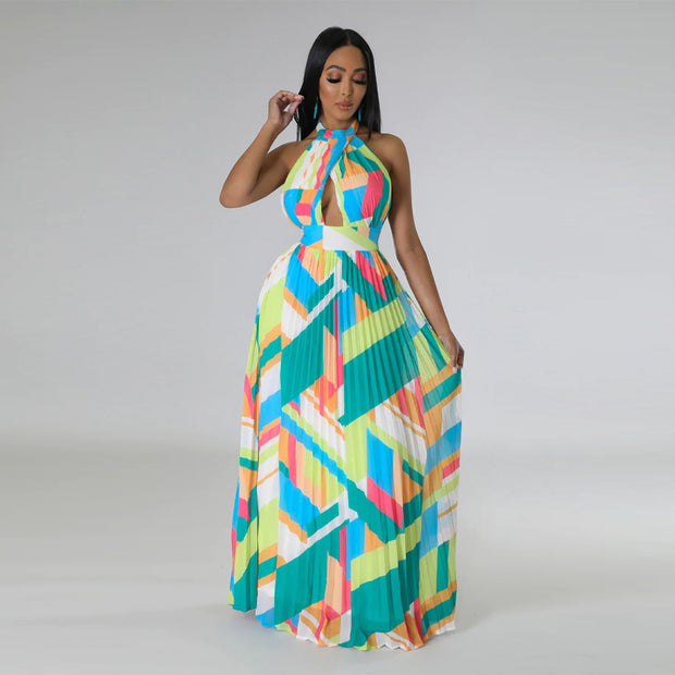 CM.YAYA Women Geometrical Striped Halter Neck Backless Pleated Big Swing Maxi Long Dress 2023 INS Beach Holidaye Party Dresses