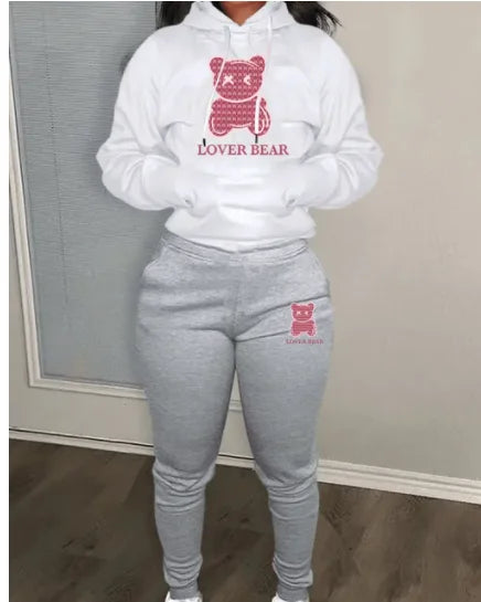 2024 Women's Letter Print 2 Piece Outfits Teddy Bear Letter Print Kangaroo Pocket Tracksuit Set Long Sleeve Sweatshirt and Pants