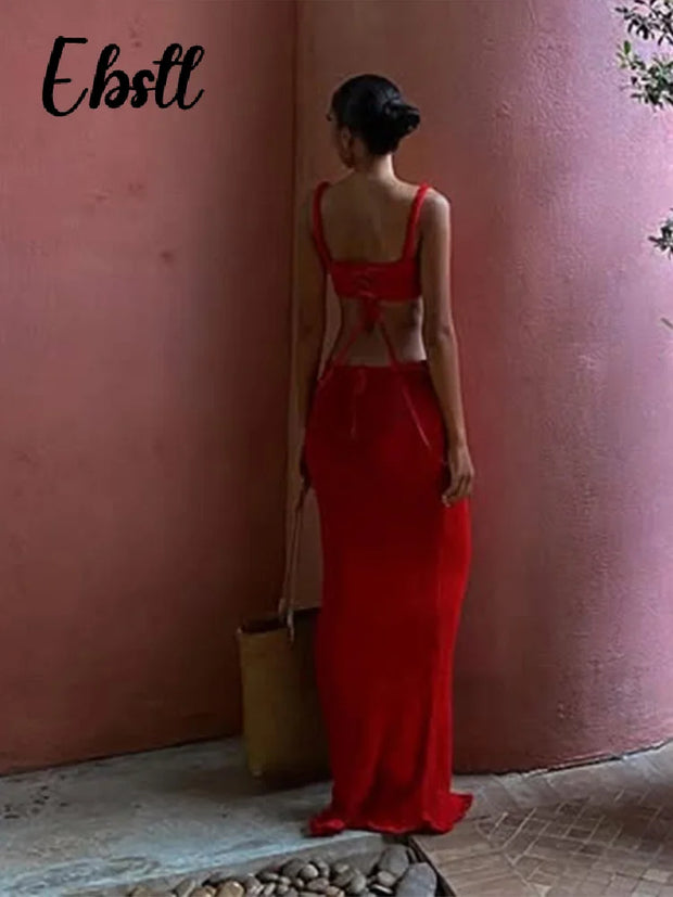 Sexy Knitted Tanks Skirts Set Women Chic Hollow-out Backless Sling Crop Top Hip Package Long Skirt 2025 New Female Beach Outfits