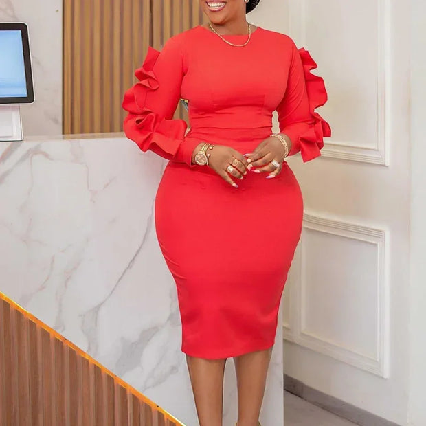 Elegant African Women Dresses White Party Dress Sexy Long Lace Sleeve Peplum Knee Length Christmas Event Evening Africa Gowns