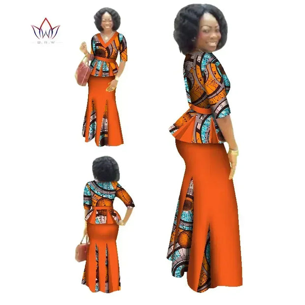 Traditional African Clothing 2 Piece Set Women Clothes Half Sleeve Maxi Dress Dashiki African Print Skirt free Scarf 6XL WY1435