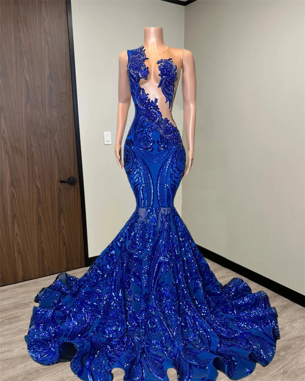 Sparkly Royal Blue Diamonds Mermaid Prom Dress Sequins Gown Bead Crystal Rhinestones Wedding Birthday Party Dress Customized