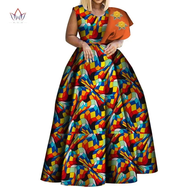 Bintarealwax Dashiki African Print Dresses Bazin One-shoulder Party Dress Vestidos Plus Size African Dresses for Women WY3834