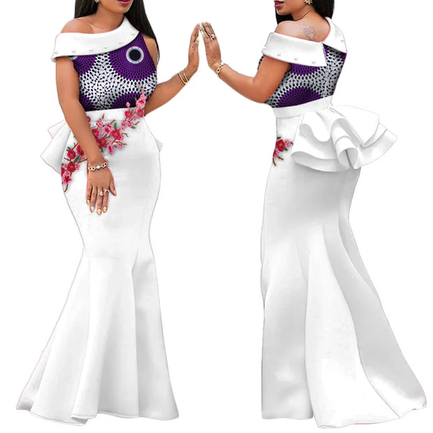African Print Dresses for Women Riche Applique Draped Peals Long Dress Party Vestidos Traditional African Lady Clothing WY444