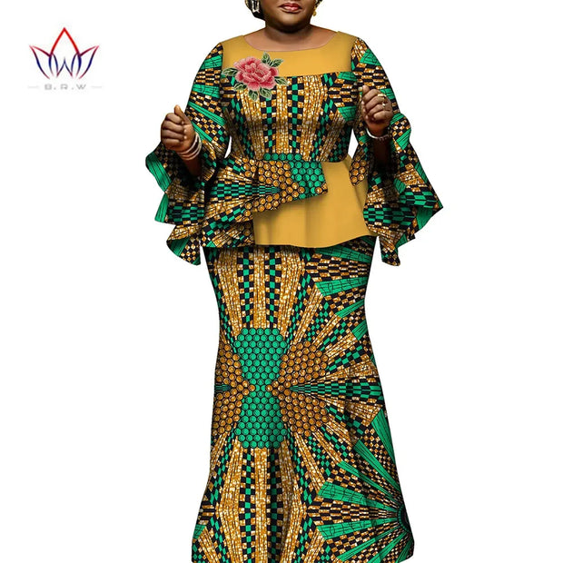 African Clothes for Women 2 Pieces Outfits Set African Print Pleated Tops and Long Skirts Traditional Clothing Party WY10413