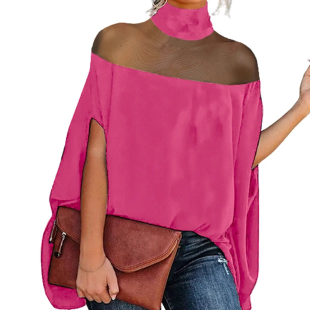 Yeezzi 2024 New Female Fashion See-Through Summer Blouses Batwing Sleeves High-neck Causal Shirts Tops For Women