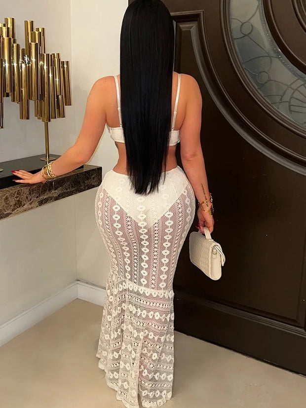 Beyprern Elegant Women's Hollow Out White Crochet Long Maxi Dresses Summer Spaghetti StrapO-Rings Party Dresses Vacation Outfits
