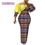 Women Dress African Print Cotton Puff Sleeve Evening Dress African Clothes for Women Elegant Bodycon Long Party Dress WY2122