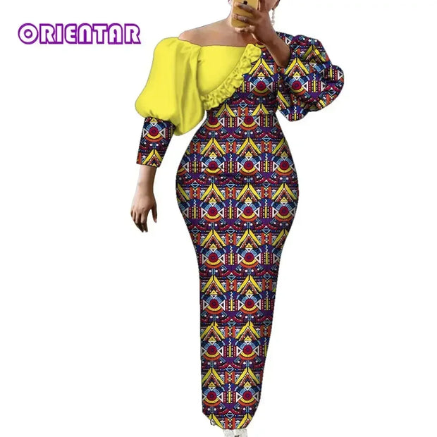 Women Dress African Print Cotton Puff Sleeve Evening Dress African Clothes for Women Elegant Bodycon Long Party Dress WY2122