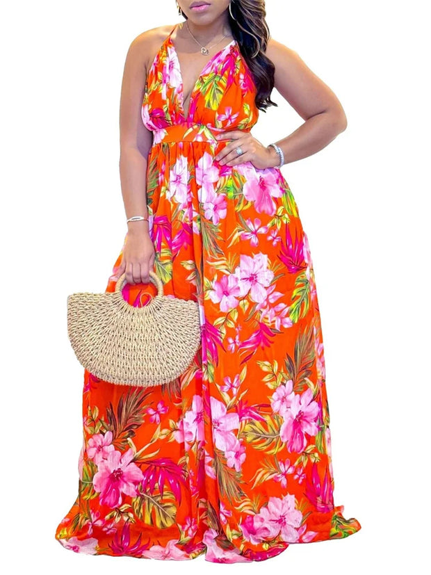 Wmstar Women Dress New in Summer Female  Floral Print V Neck Multi Sleeveless Maxi Dresses Wholesale Dropshipping S-3XL