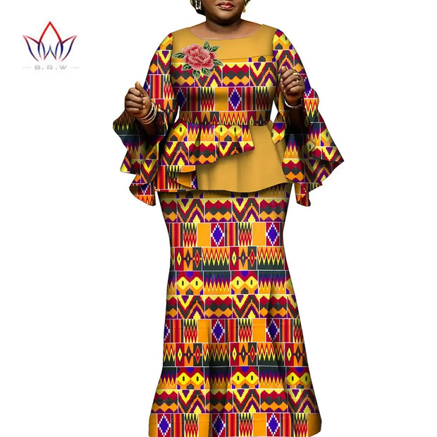African Clothes for Women 2 Pieces Outfits Set African Print Pleated Tops and Long Skirts Traditional Clothing Party WY10413