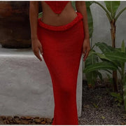 Sexy Knitted Tanks Skirts Set Women Chic Hollow-out Backless Sling Crop Top Hip Package Long Skirt 2025 New Female Beach Outfits
