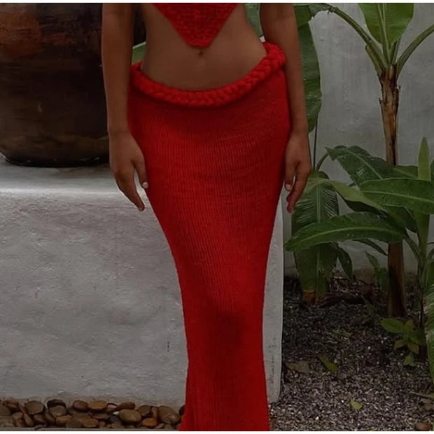 Sexy Knitted Tanks Skirts Set Women Chic Hollow-out Backless Sling Crop Top Hip Package Long Skirt 2025 New Female Beach Outfits