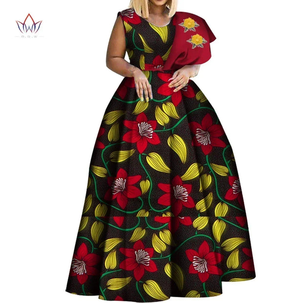 Bintarealwax Dashiki African Print Dresses Bazin One-shoulder Party Dress Vestidos Plus Size African Dresses for Women WY3834