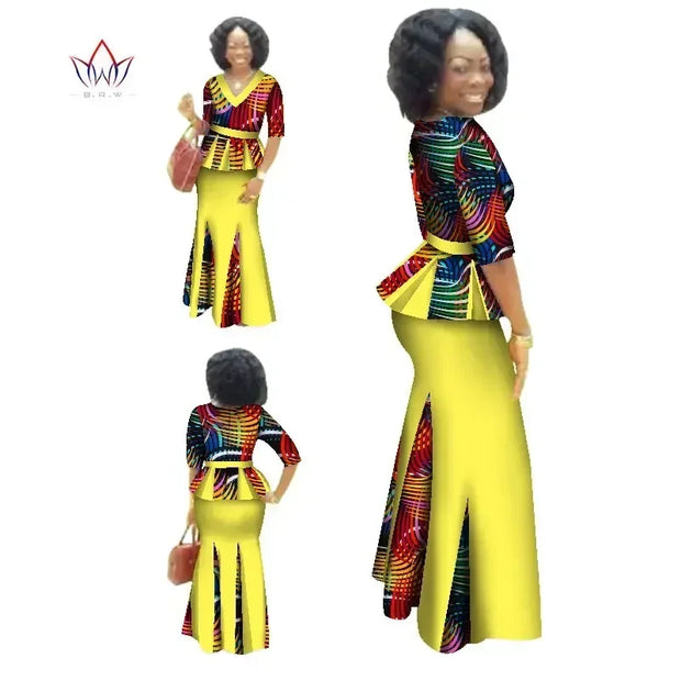 Traditional African Clothing 2 Piece Set Women Clothes Half Sleeve Maxi Dress Dashiki African Print Skirt free Scarf 6XL WY1435