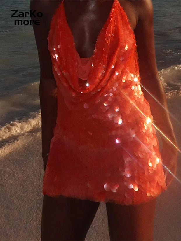 Sexy Sequin Halter Mini Dress Women Backless Lace Up Slim Party Club Dresses Female 2025 Summer Lady Bodycon Y2K Orange Robes