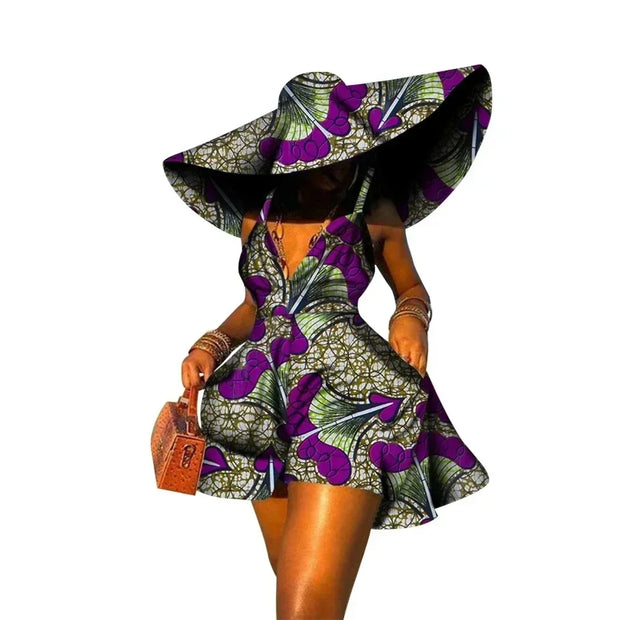 Women Summer Dress African Print Jumpsuit Sexy Sleeveless V-neck Short Pant with Hat Fashion African Clothes Lady Attire WY8844