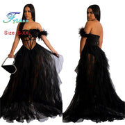 High Quality Sexy Beautiful Ruffles Party Dress Long High Street Style Black Red Mesh Ruffles Corset Maxi Dress Birthday Outfits