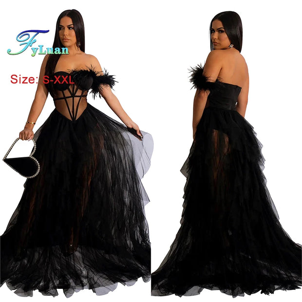 High Quality Sexy Beautiful Ruffles Party Dress Long High Street Style Black Red Mesh Ruffles Corset Maxi Dress Birthday Outfits